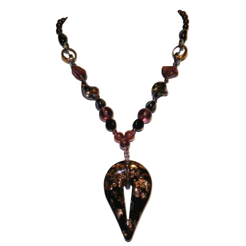 FN140 Black Donut w Copper Sparkle Lampworked Glass & Hematite Necklace 19"